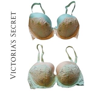 2 Victoria's Secret Dream Angels Padded Lined Demi Bras - Size 32DD - Pink Blue